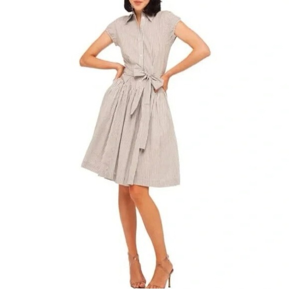Norma Kamali Cap Sleeve Seersucker Stripe Tie Waist Shirt Dress | M
